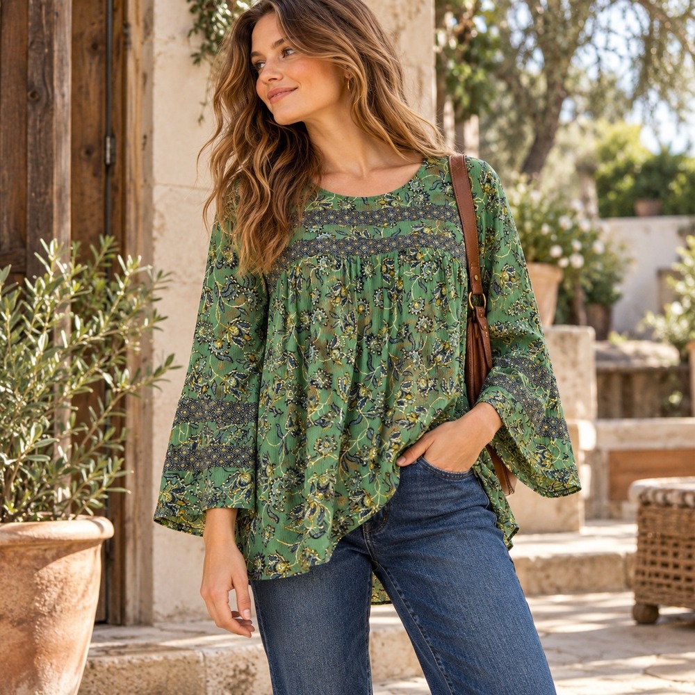 J Jill Womens Floral Boho Tunic Top Sz M Green Bell Sleeve Cottage Flowy Peasant